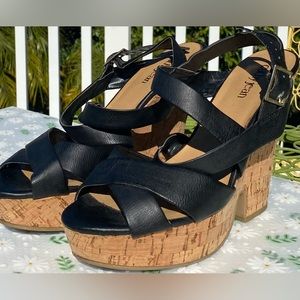 Cathy Jean Black Strappy Cork Wedges - Size 9